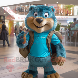 Turquoise Marmot mascot costume character dressed with a Jeans and Backpacks