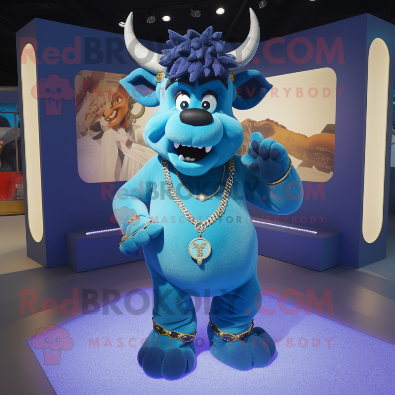 Blue Minotaur mascot costume character dressed with a Oxford Shirt and Necklaces Blue Minotaur mascot costume character dressed with a Oxford Shirt and Necklaces