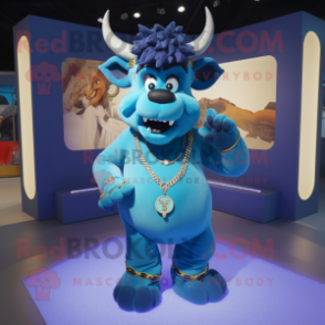 Blue Minotaur mascot costume character dressed with a Oxford Shirt and Necklaces