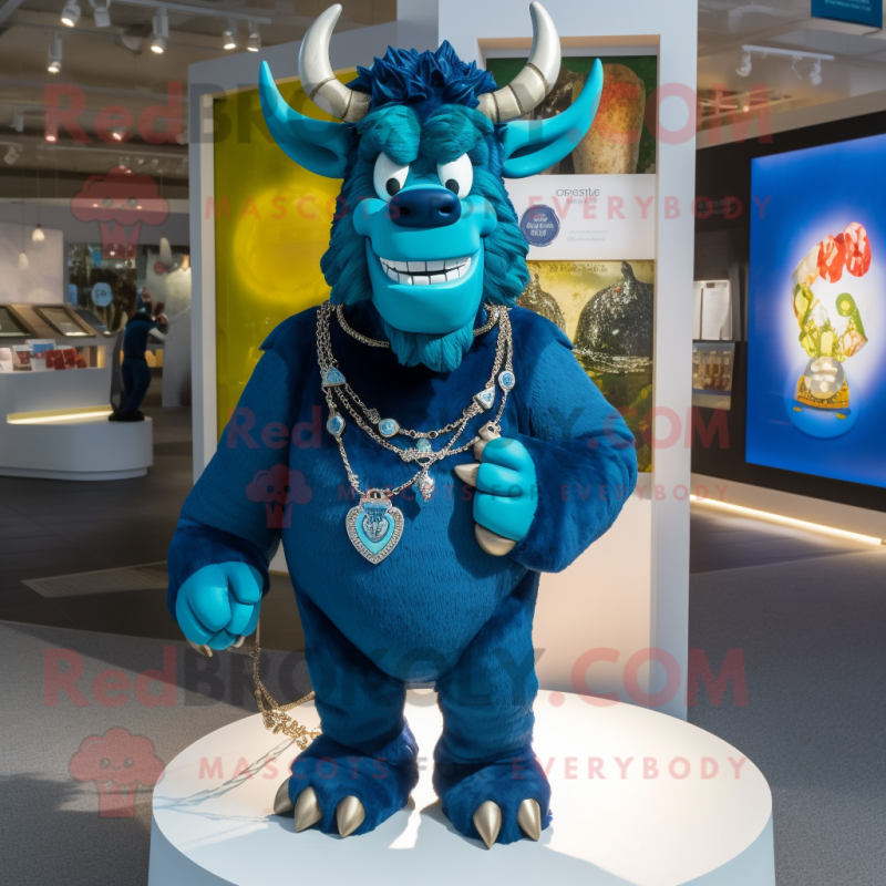 Blue Minotaur mascot costume character dressed with a Oxford Shirt and Necklaces