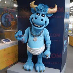 Blue Minotaur mascot costume character dressed with a Oxford Shirt and Necklaces
