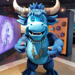 Blue Minotaur mascot costume character dressed with a Oxford Shirt and Necklaces