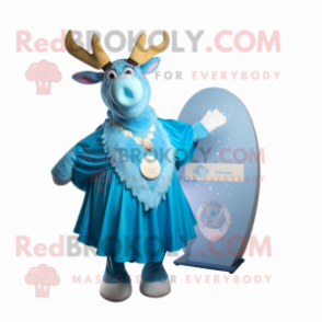 Sky Blue Irish Elk mascot costume character dressed with a Wrap Skirt and Coin purses