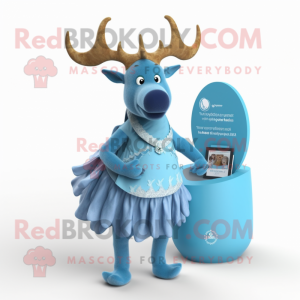Sky Blue Irish Elk mascot costume character dressed with a Wrap Skirt and Coin purses
