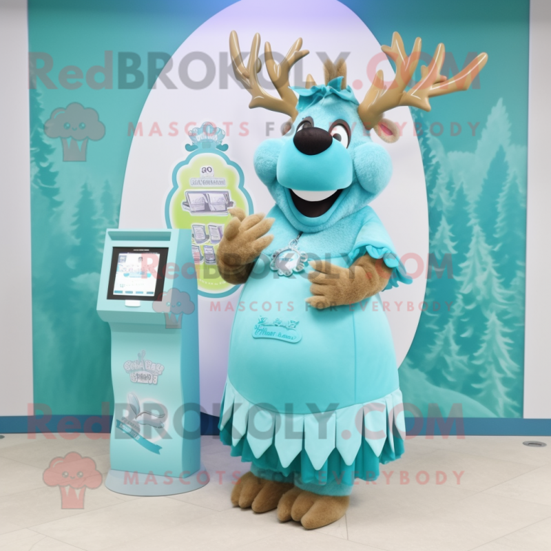 Sky Blue Irish Elk mascot costume character dressed with a Wrap Skirt and Coin purses