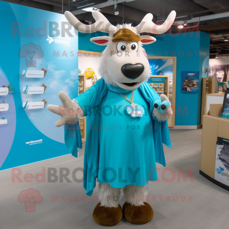 Sky Blue Irish Elk mascot costume character dressed with a Wrap Skirt and Coin purses