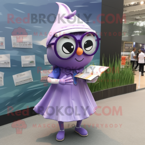 Lavender Tuna mascot costume character dressed with a Midi Dress and Reading glasses