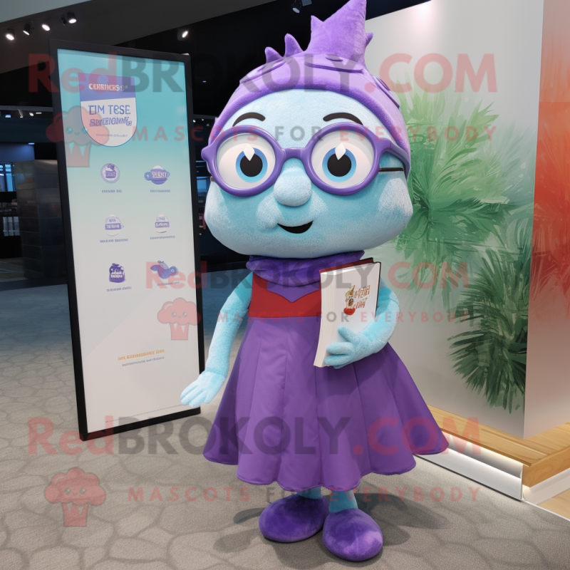 Lavender Tuna mascot costume character dressed with a Midi Dress and Reading glasses