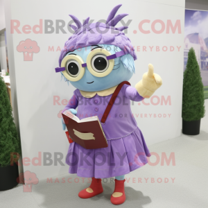 Lavender Tuna mascot costume character dressed with a Midi Dress and Reading glasses