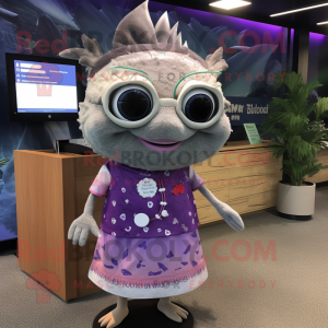Lavender Tuna mascot costume character dressed with a Midi Dress and Reading glasses