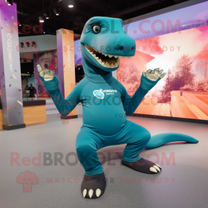 Teal Allosaurus mascot costume character dressed with a Yoga Pants and Beanies
