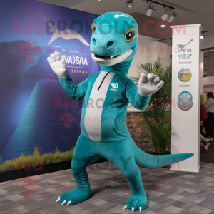 Teal Allosaurus mascot costume character dressed with a Yoga Pants and Beanies