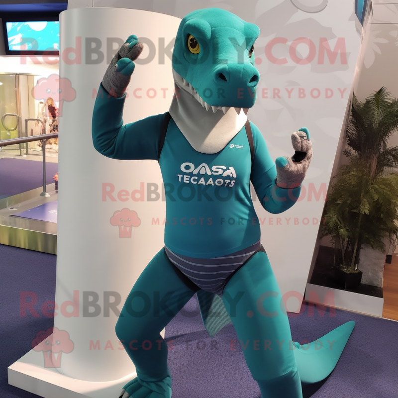 Teal Allosaurus mascot costume character dressed with a Yoga Pants and Beanies Teal Allosaurus mascot costume character dressed with a Yoga Pants and Beanies