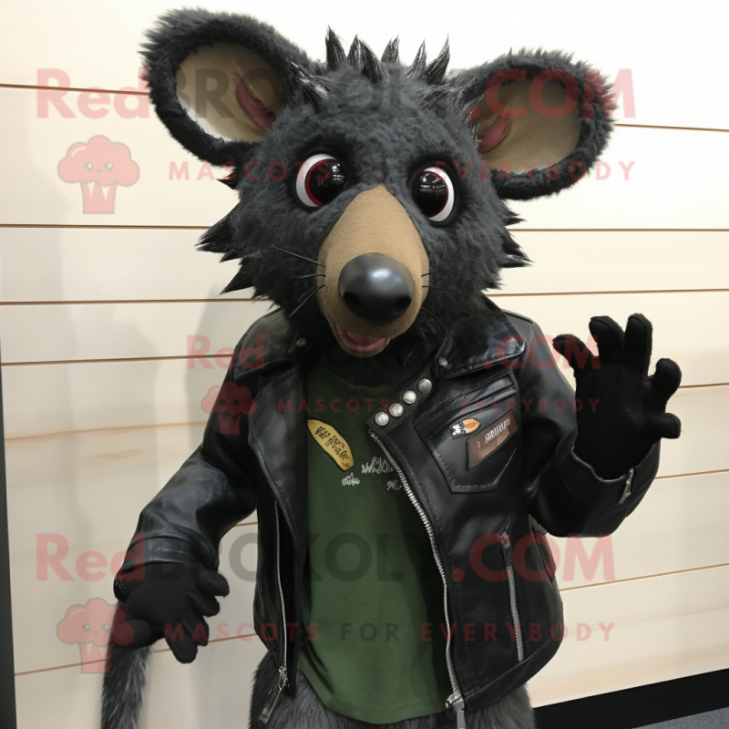 Olive Aye-Aye mascot costume character dressed with a Leather Jacket and Shawl pins Olive Aye-Aye mascot costume character dressed with a Leather Jacket and Shawl pins