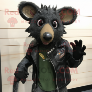 Olive Aye-Aye mascot costume character dressed with a Leather Jacket and Shawl pins