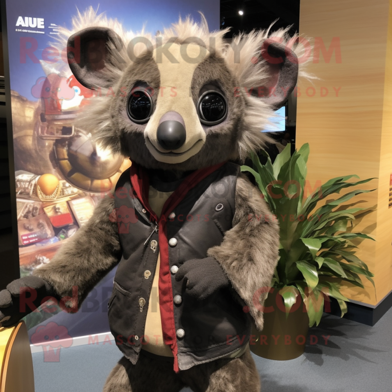 Olive Aye-Aye mascot costume character dressed with a Leather Jacket and Shawl pins Olive Aye-Aye mascot costume character dressed with a Leather Jacket and Shawl pins