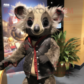 Olive Aye-Aye mascot costume character dressed with a Leather Jacket and Shawl pins