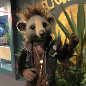 Olive Aye-Aye mascot costume character dressed with a Leather Jacket and Shawl pins