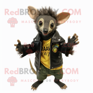 Olive Aye-Aye mascot costume character dressed with a Leather Jacket and Shawl pins
