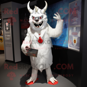 White Devil mascot costume character dressed with a Parka and Tie pins