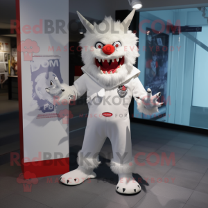 White Devil mascot costume character dressed with a Parka and Tie pins