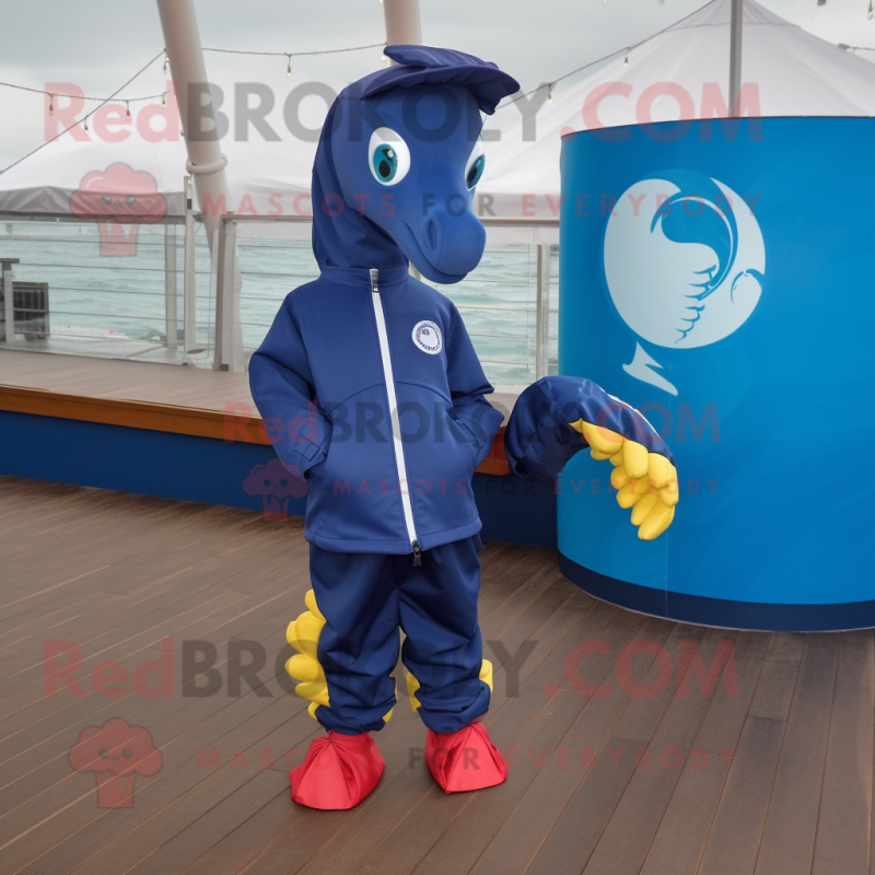 Navy Sea Horse mascot costume character dressed with a Windbreaker and Shoe clips