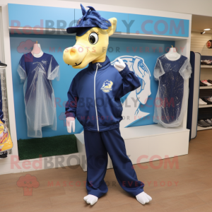 Navy Sea Horse mascot costume character dressed with a Windbreaker and Shoe clips