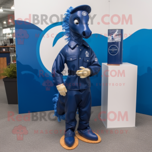 Navy Sea Horse mascot costume character dressed with a Windbreaker and Shoe clips