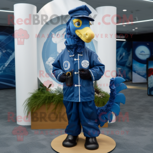 Navy Sea Horse mascot costume character dressed with a Windbreaker and Shoe clips