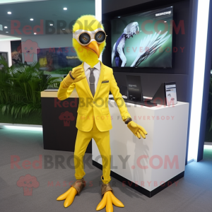 Lemon Yellow Archeopteryx mascot costume character dressed with a Blazer and Digital watches