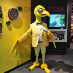 Lemon Yellow Archeopteryx mascot costume character dressed with a Blazer and Digital watches