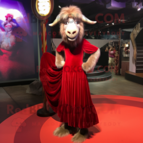 Maroon Angora Goat mascot costume character dressed with a Evening Gown and Anklets