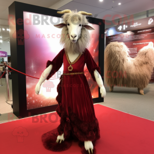 Maroon Angora Goat mascot costume character dressed with a Evening Gown and Anklets