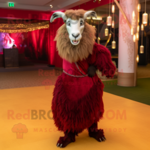 Maroon Angora Goat mascot costume character dressed with a Evening Gown and Anklets