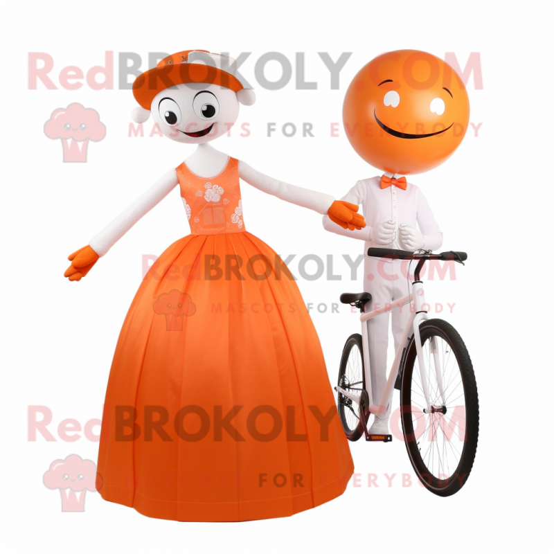 Orange Unicyclist mascot costume character dressed with a Wedding Dress and Wallets