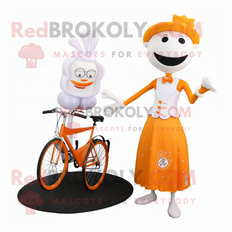 Orange Unicyclist mascot costume character dressed with a Wedding Dress and Wallets Orange Unicyclist mascot costume character dressed with a Wedding Dress and Wallets