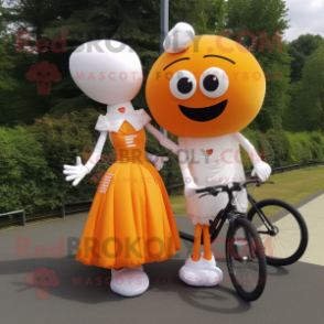 Orange Unicyclist mascot costume character dressed with a Wedding Dress and Wallets