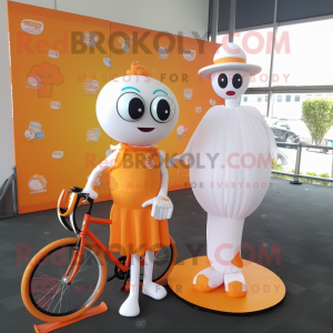 Orange Unicyclist mascot costume character dressed with a Wedding Dress and Wallets