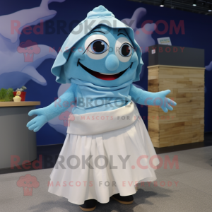 Sky Blue Ceviche mascot costume character dressed with a Wrap Skirt and Belts
