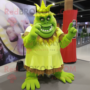 Lime Green Ogre mascot costume character dressed with a Wrap Skirt and Hat pins