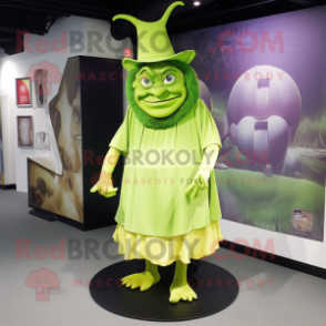 Lime Green Ogre mascot costume character dressed with a Wrap Skirt and Hat pins