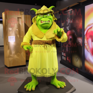 Lime Green Ogre mascot costume character dressed with a Wrap Skirt and Hat pins