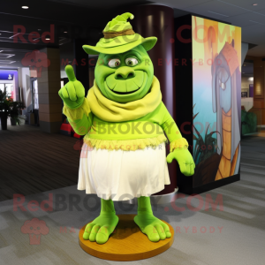Lime Green Ogre mascot costume character dressed with a Wrap Skirt and Hat pins
