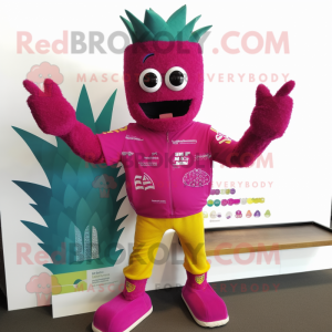 Magenta Pineapple mascot costume character dressed with a Rash Guard and Mittens