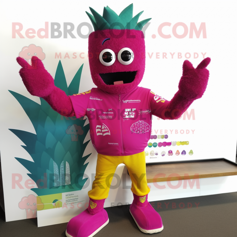 Magenta Pineapple mascot costume character dressed with a Rash Guard and Mittens Magenta Pineapple mascot costume character dressed with a Rash Guard and Mittens