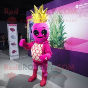 Magenta Pineapple mascot costume character dressed with a Rash Guard and Mittens