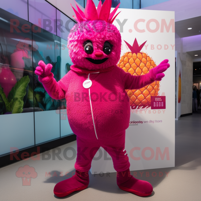 Magenta Pineapple mascot costume character dressed with a Rash Guard and Mittens Magenta Pineapple mascot costume character dressed with a Rash Guard and Mittens