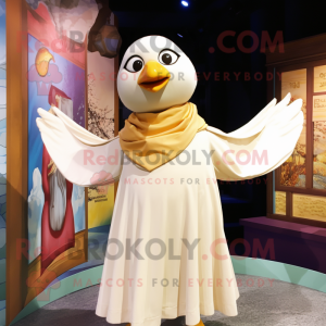 Cream Seagull mascot costume character dressed with a Wrap Dress and Scarves