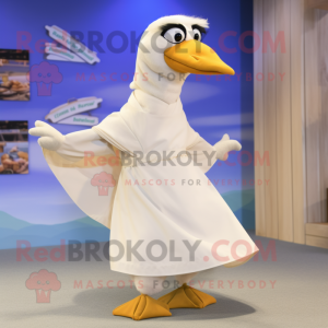 Cream Seagull mascot costume character dressed with a Wrap Dress and Scarves