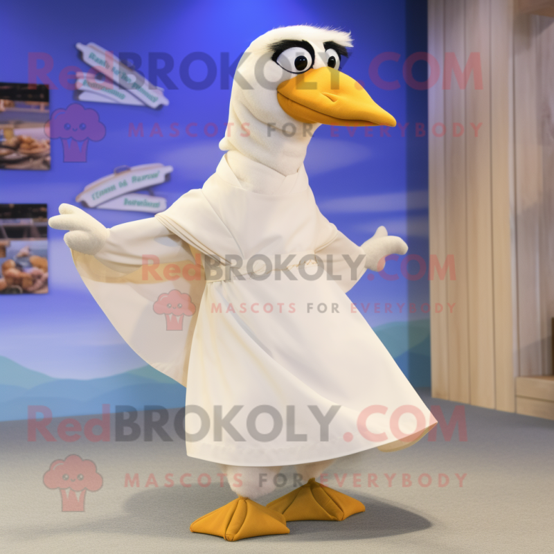 Cream Seagull mascot costume character dressed with a Wrap Dress and Scarves Cream Seagull mascot costume character dressed with a Wrap Dress and Scarves